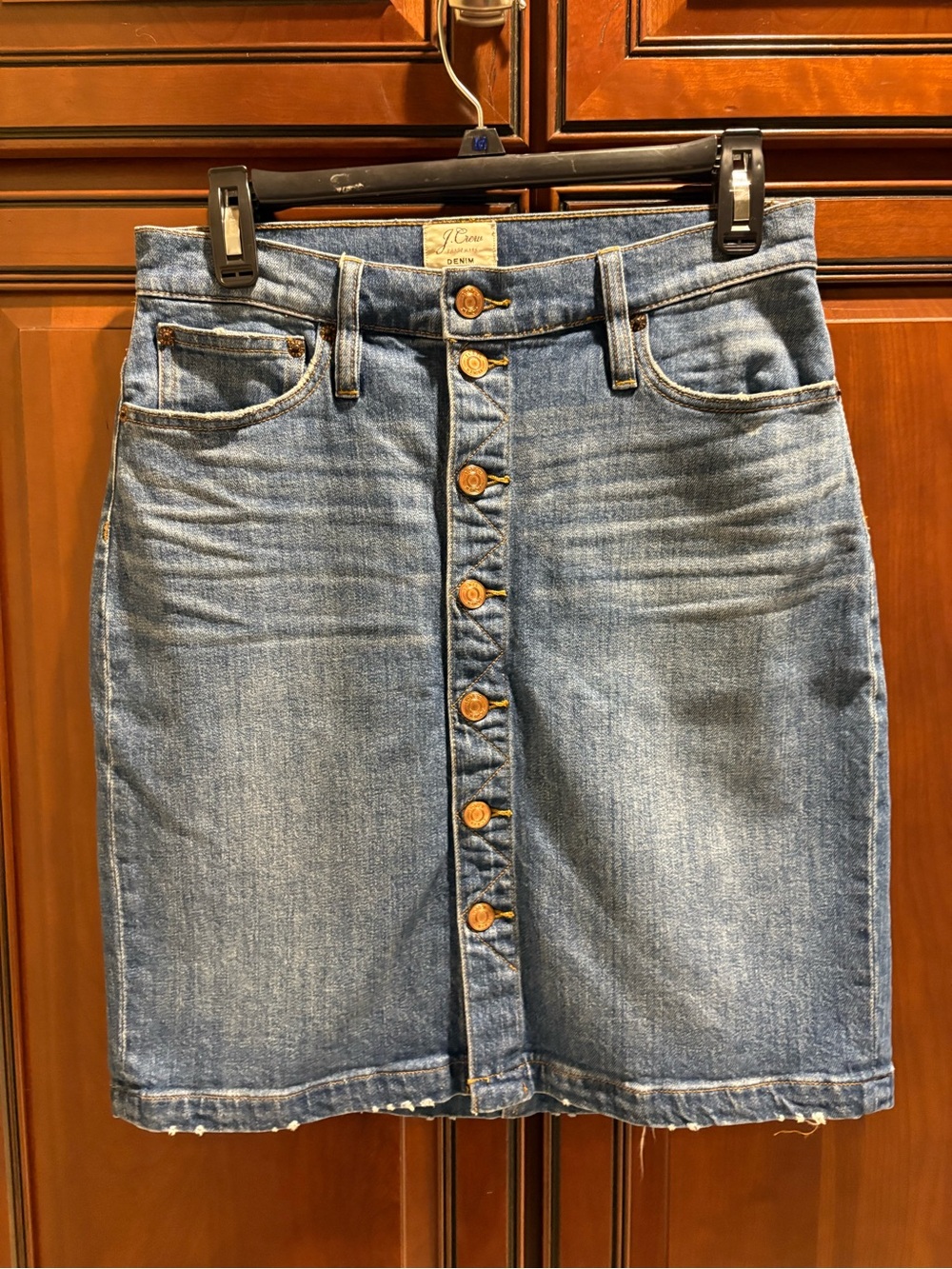 J.Crew Distressed Button Front Denim Skirt Blue Stretch Jean Skirt - 27